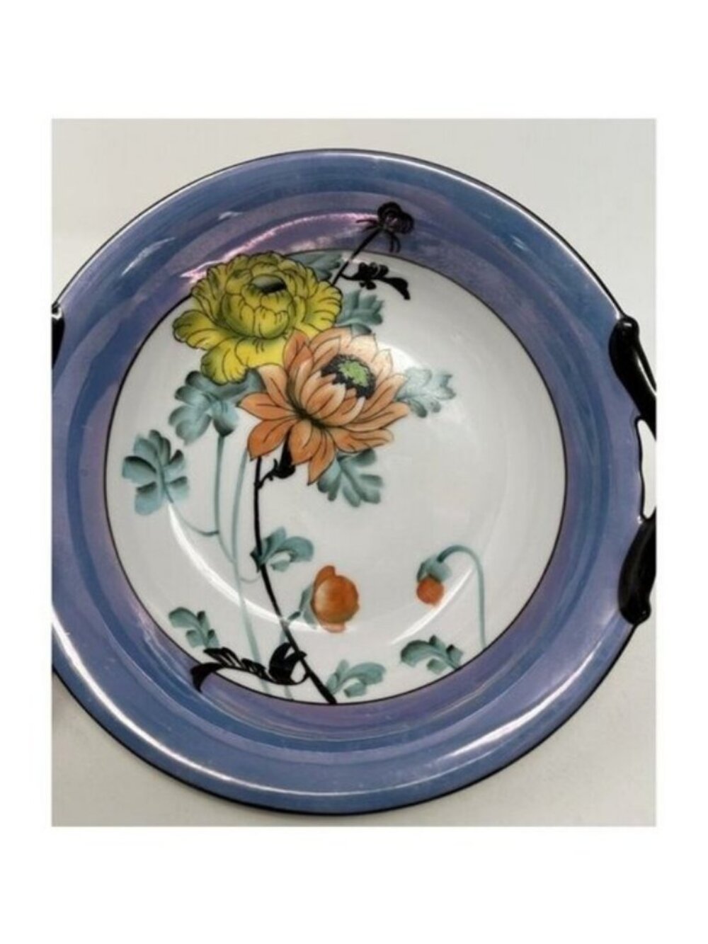 NORITAKE MORIMURA TWO HANDLED SERVING BOWL Floral Art Deco Blue Luster Ware - Picture 9 of 15
